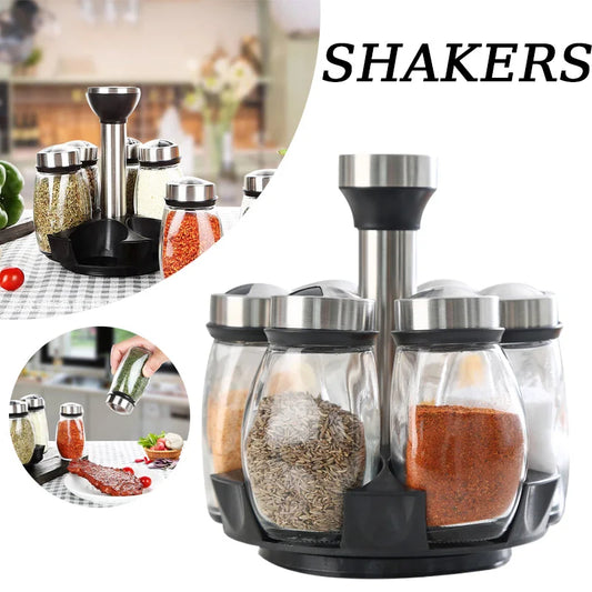 Spice Jar Set Rack Glass Organizer Rotating Glass Seasoning Sugar Pepper Bottles Salt Shakers Holder Kitchen Storage Rack