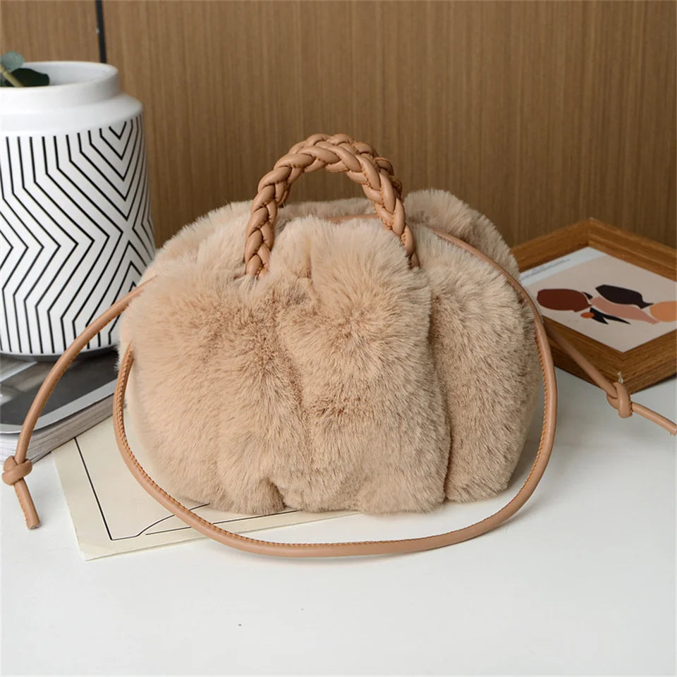 Autumn Winter Fashion Cute Tote Bags Women's Crossbody Pumpkin Plush Bag Solid Color Handbag Travel Shoulder Bags